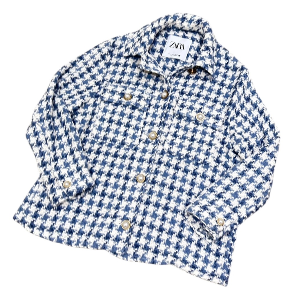 Zara Blue and White Houndstooth Button Down Shirt - Picture 3 of 12